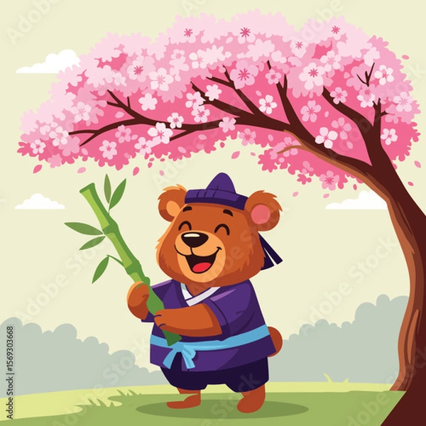 Obraz Cartoon Bear in Japanese Kimono Under Cherry Blossom Tree Illustration