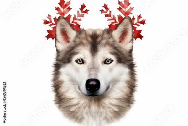 Fototapeta Alaskan malamute dog wearing a crown of red maple leaves representing canada, celebrating its nature and wildlife