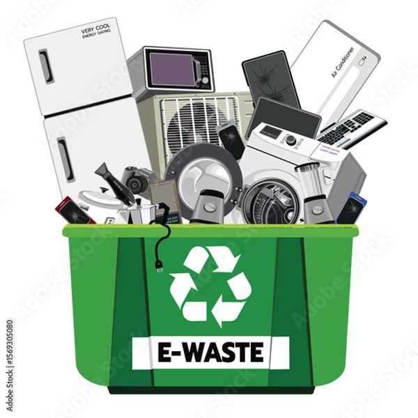 Fototapeta A green recycling bin overflowing with various electronic waste, including refrigerators, microwaves, and smartphones, emphasizing responsible e-waste disposal