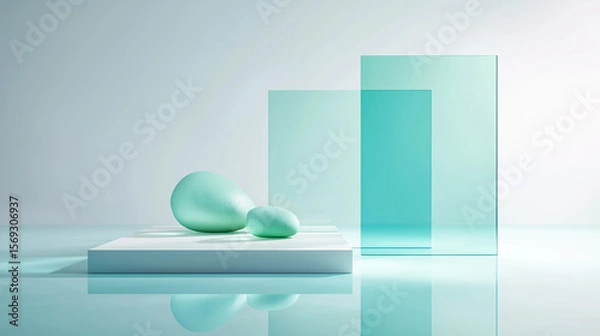 Fototapeta Minimalist still life with mint-green stones and transparent glass panels on a white background, showcasing modern balance and serene design aesthetics.