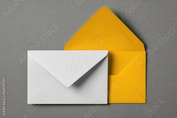Fototapeta Two envelopes, white and bright yellow, on gray background