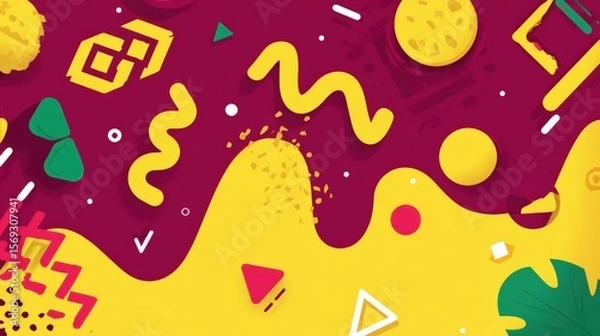 Obraz Vibrant abstract design featuring colorful geometric shapes and patterns on a yellow background