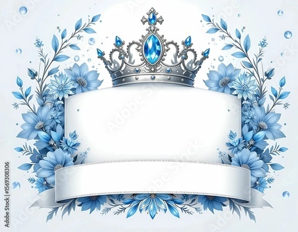 Fototapeta Blue and silver vintage frame with ribbon decoration, perfect for a floral invitation card or ornate label design