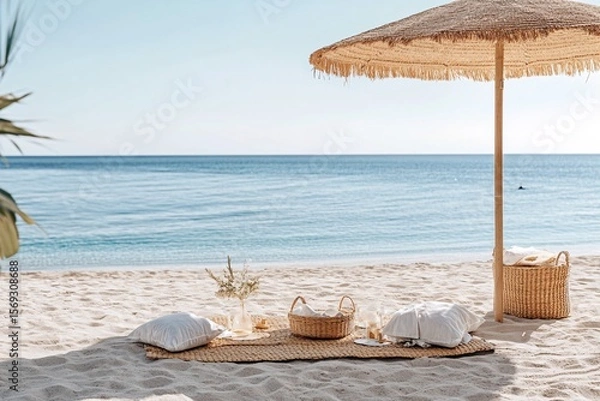 Fototapeta Beach Picnic Setup with Straw Mat and Umbrella