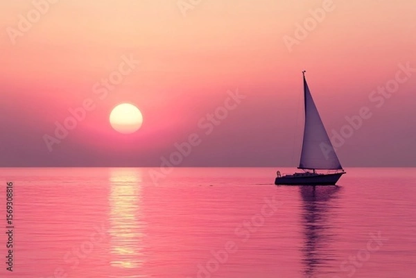 Fototapeta Soft Pink Sunset Over a Calm Sea with a Small Sailboat