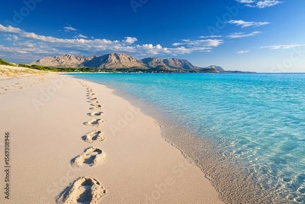 Fototapeta Footprints Leading to the Water on a Smooth Sandy Beach