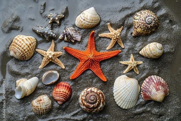 Fototapeta Seashells and Starfish Neatly Arranged on Wet Sand