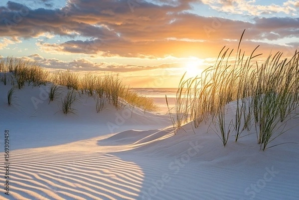 Fototapeta Sand Dunes with Tall Grasses at Sunset