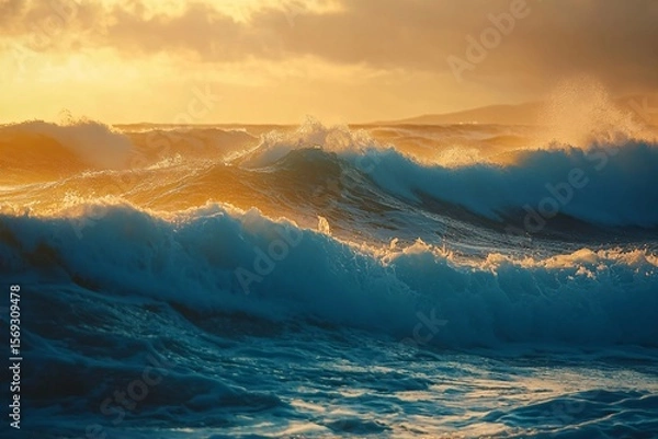 Fototapeta Waves at Dusk with Warm Light on Water