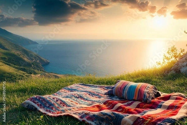 Fototapeta Picnic Blanket on a Hillside Overlooking the Sea