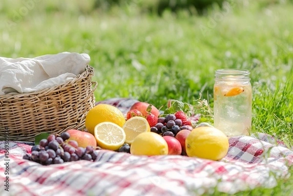 Fototapeta Pastel Picnic Blanket with Fruit and Lemonade on a Grassy Hill