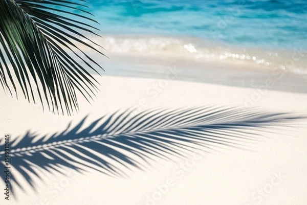 Fototapeta Palm Shadow on White Sand with Blue Ocean Background