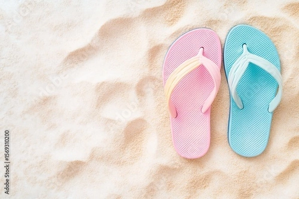 Fototapeta Pastel Flip-Flops on Soft Sand Background