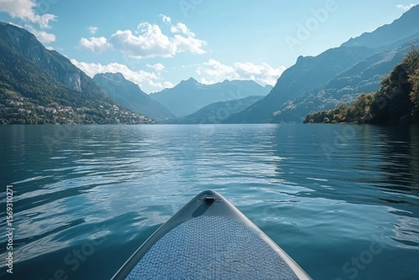 Fototapeta Paddleboard on a Calm Sea with Distant Mountains