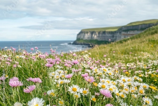 Fototapeta Ocean Cliffs with Wildflowers in the Foreground