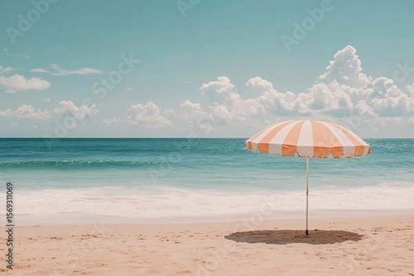 Fototapeta Minimalist Beach Scene with Pastel Waves and a Striped Umbrella