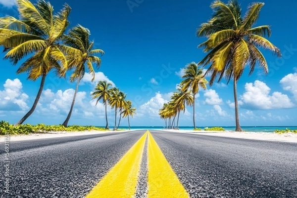 Fototapeta A Scenic Beachside Road Lined with Palm Trees