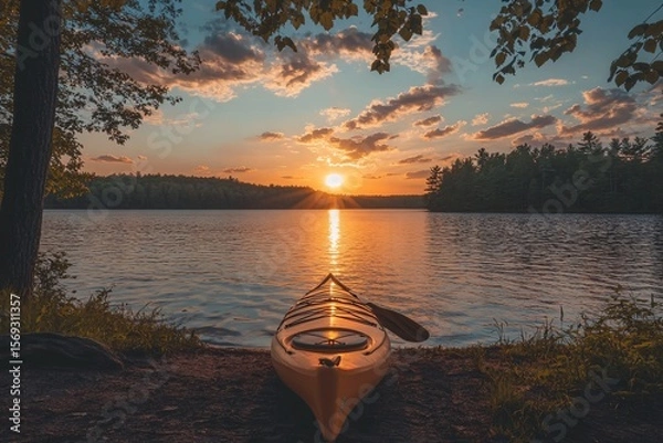 Fototapeta Kayak Resting by the Lake at Golden Hour