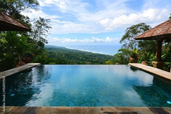 Fototapeta Infinity Pool with a View of Tropical Jungle or Beach
