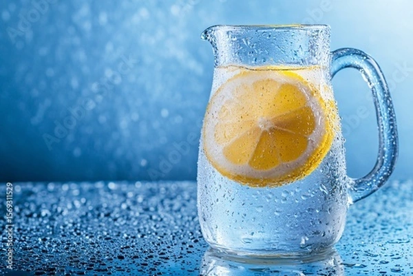 Fototapeta Chilled Lemonade Pitcher with Condensation on Glass Table