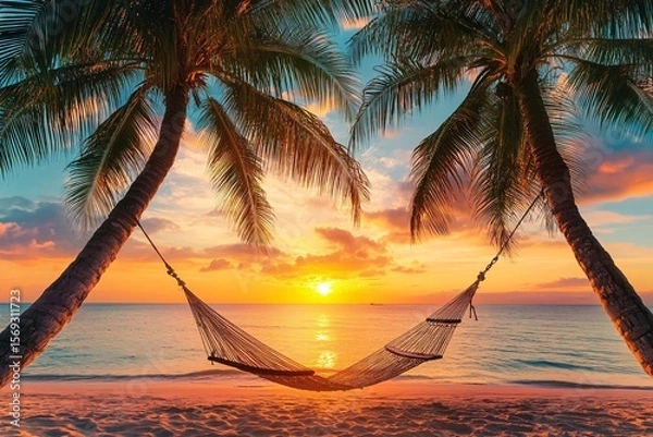 Fototapeta Hammock Swaying Gently Between Two Palm Trees at Sunset