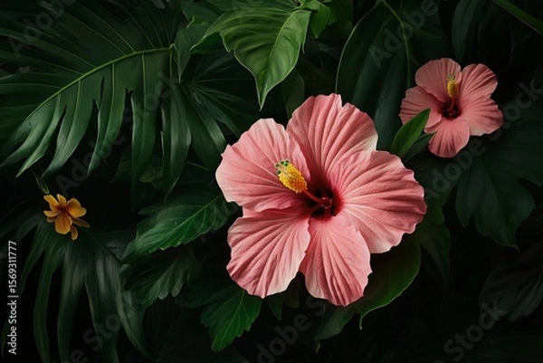 Fototapeta Hibiscus in Bloom Amidst Tropical Foliage Under Soft Light