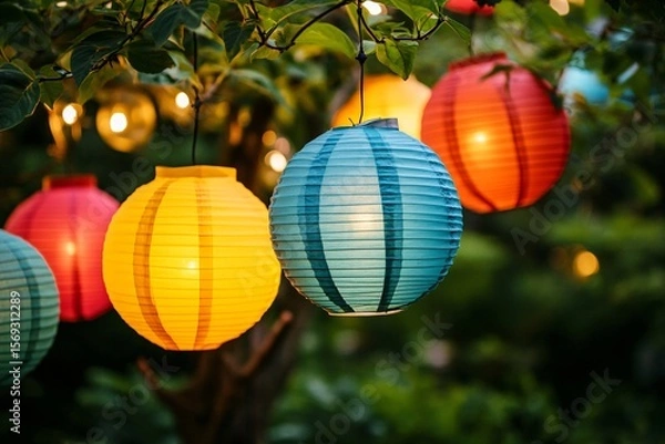 Fototapeta Colorful Paper Lanterns Hanging in a Summer Garden