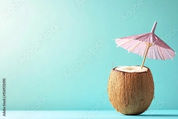 Fototapeta Coconut Drink with Straw and Umbrella on Flat Background