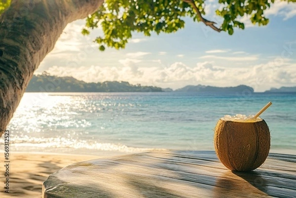 Fototapeta Coconut Drink on a Sunlit Table by the Sea