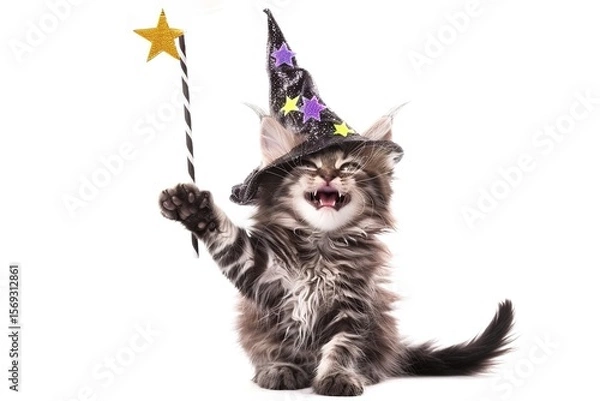 Obraz Whimsical Feline Persona: A Maine Coon in Anthropomorphic Attire – Magic Hats, Glasses, Sunglasses, Swimming Goggles & More, in Close-Up on White Background
Get up close with a charmingly anthropomorp