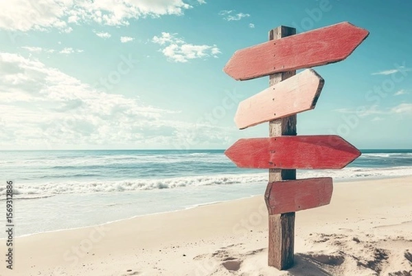 Fototapeta Classic Beach Sign Pointing Directions to Sun, Fun, and Beach