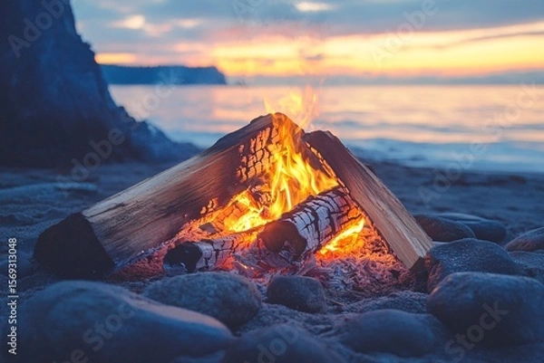 Fototapeta Campfire Setup on the Beach with Wood and Stones