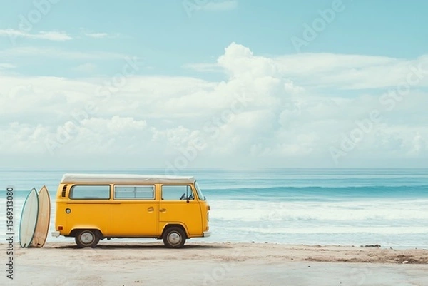 Fototapeta Yellow Van Parked Near a Beach with Surfboards