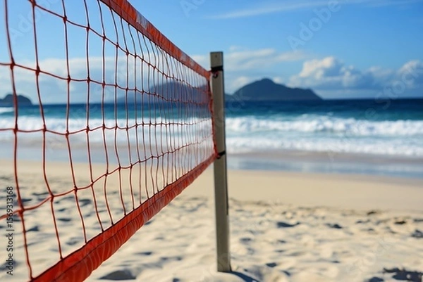 Fototapeta Beach Volleyball Net with Ocean Waves in the Background