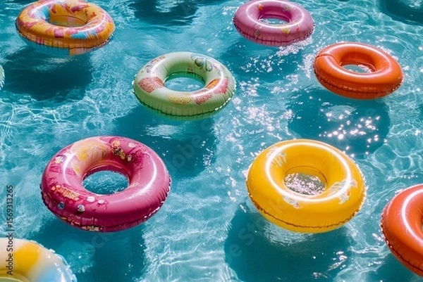 Fototapeta Vibrant Pool Floaties in a Pristine Blue Oasis