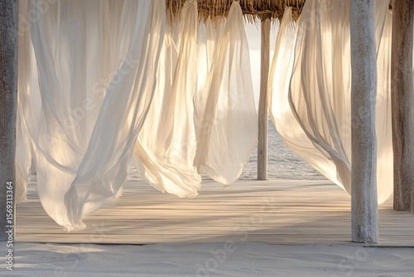 Fototapeta Beach Cabana with Curtains Gently Blowing in the Breeze