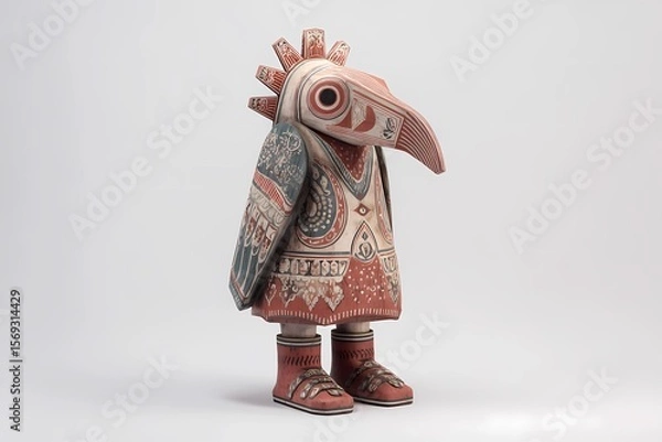 Fototapeta Wooden Folk Art Bird Figure Showcasing Vibrant Carvings and Intricate Patterns Generative AI