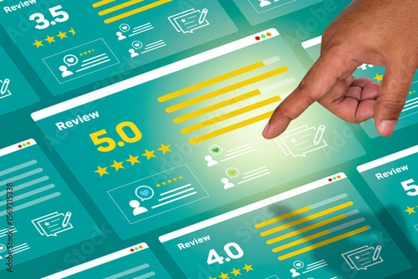 Obraz Positive feedback. User give rating to service excellent experience. Client evaluate quality of service ranking of business. Customer review satisfaction feedback survey concept. Opinion survey
