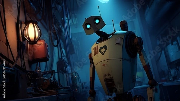 Obraz Retro Robot Alleyway Cyberpunk Illustration.