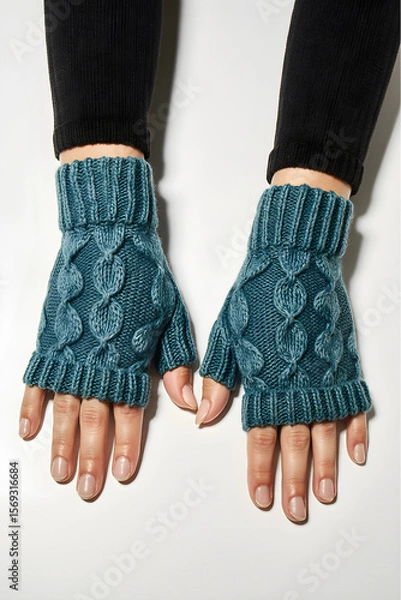 Obraz A close-up of hands resting on a white surface, wearing fingerless cable knit gloves in shades of teal and blue. The gloves feature a thick, ribbed cuff at the wrist.