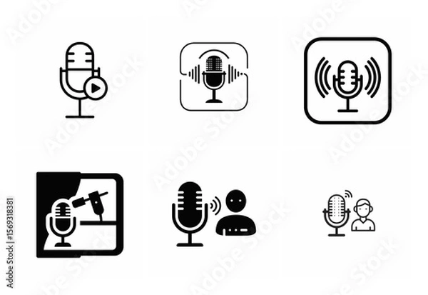 Fototapeta Microphone icon set for podcasting and recording silhouette