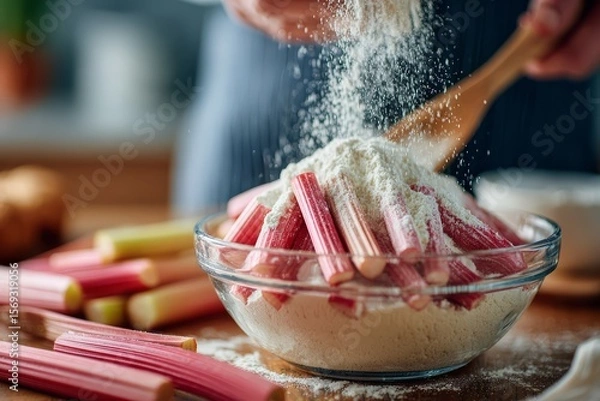 Fototapeta Baker adding rhubarb to dessert close up copy space inviting sweet colors Double exposure silhouette with flour and mixing bowl
