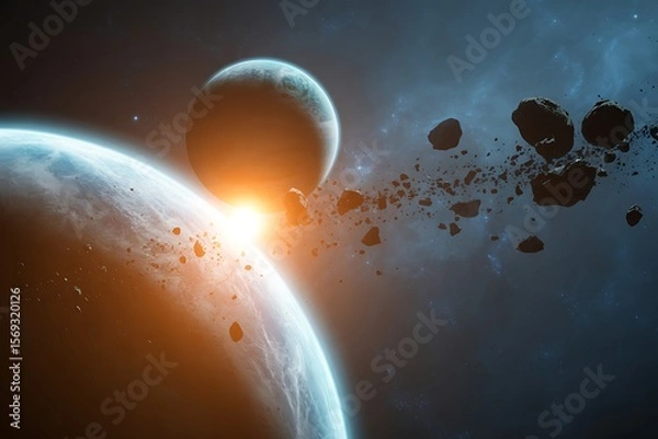 Fototapeta A cosmic scene featuring two planets and a scattering of asteroids against a dark space backdrop