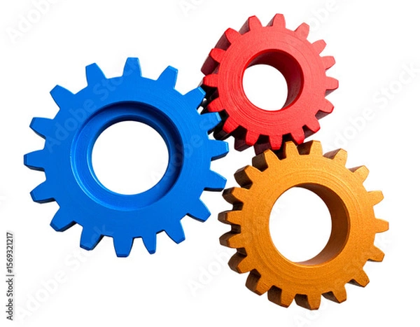 Obraz  Set of Three Colored Cogwheels Red Blue Orange Isolated on Transparent Background PNG