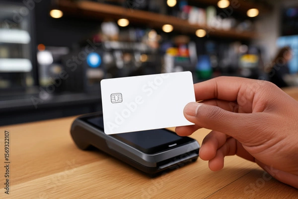 Fototapeta Hand holding a blank white credit card with chip near a payment terminal, ideal mock-up template for banking, fintech, or contactless payment branding presentations