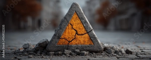 Fototapeta A cracked triangular stone emits an orange glow, symbolizing urban decay and resilience. This image captures the intersection of nature and human impact in modern society.