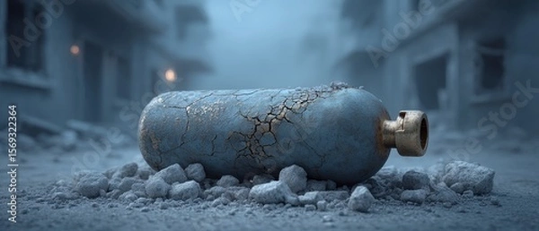 Fototapeta A damaged gas cylinder lies on the rubble of a collapsed building, symbolizing the aftermath of disaster and the urgent need for safety in urban environments.