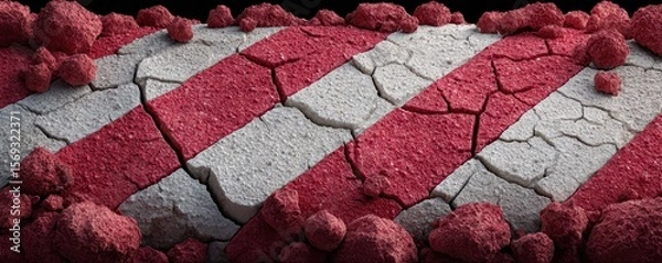 Fototapeta A cracked pavement featuring distinct red and white stripes, showcasing the wear and tear of urban infrastructure