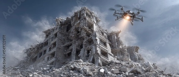 Fototapeta A drone surveys the ruins of a destroyed building, showcasing the impact of technology in disaster management and reconstruction efforts. The scene is gritty and evocative.