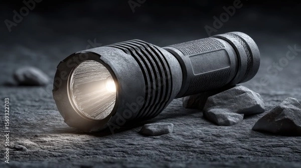 Fototapeta A durable flashlight lies on a rugged surface, casting a bright beam of light in a dark environment. Perfect for outdoor adventures, camping, and emergency situations.